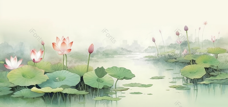 复古水彩翠绿荷花荷叶手绘插画,插画/手绘图,插画/手绘图库,插画/手绘图下载,插画/手绘